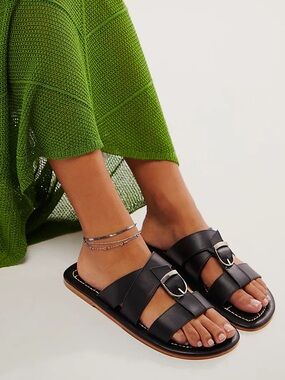 Free People Sloan Buckle Slide Sandals - Black Leather Slip On—Size 7.5 & 9 NWT